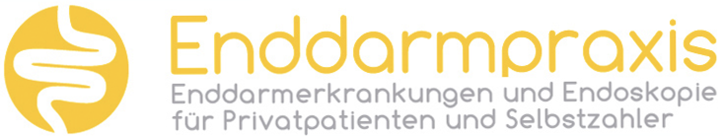 Logo of a medical practice specializing in rectal diseases and endoscopy for private patients and self-payers, featuring the name "Enddarmpraxis" in a modern font with a stylized graphic element resembling a digestive system. The overall color scheme is light and inviting.
