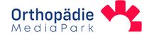 Logo der Orthopädie MediaPark. Der Schriftzug "Orthopädie" ist in blauer Farbe, während "MediaPark" in einer kleineren Schriftgröße darunter steht. Rechts ist ein rotes grafisches Element dargestellt, das an ein medizinisches Symbol erinnert.