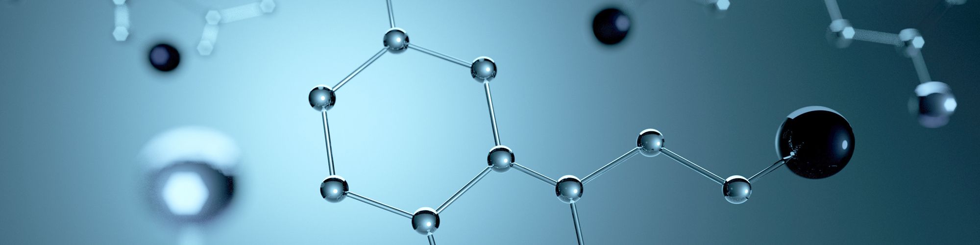 An abstract representation of molecules interconnected by bonds, set against a soft blue background. The image highlights various atoms depicted as spheres, suggesting a focus on molecular structures in a scientific context.