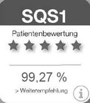 The image displays a patient rating system for "SQS1," featuring five stars. It notes a patient recommendation percentage of 99.27%. A prompt for further recommendations is included, indicated by a downward arrow.