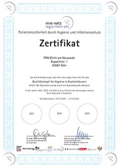 A certificate issued by mRE-netz regio-rhein-ahr for PAN Klinik am Neumarkt, confirming compliance with hygiene and infection protection standards in hospitals. The certificate is valid from January 1, 2021, to September 30, 2023, and includes the corresponding signatures and dates.